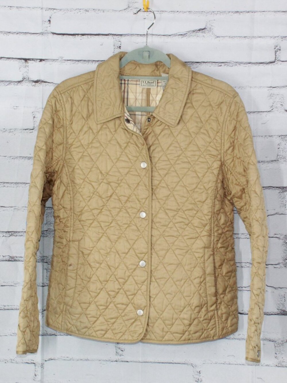 LL Bean Gold Quilted Equestrian Riding Jacket Plaid Lined Snap Coat Size Large